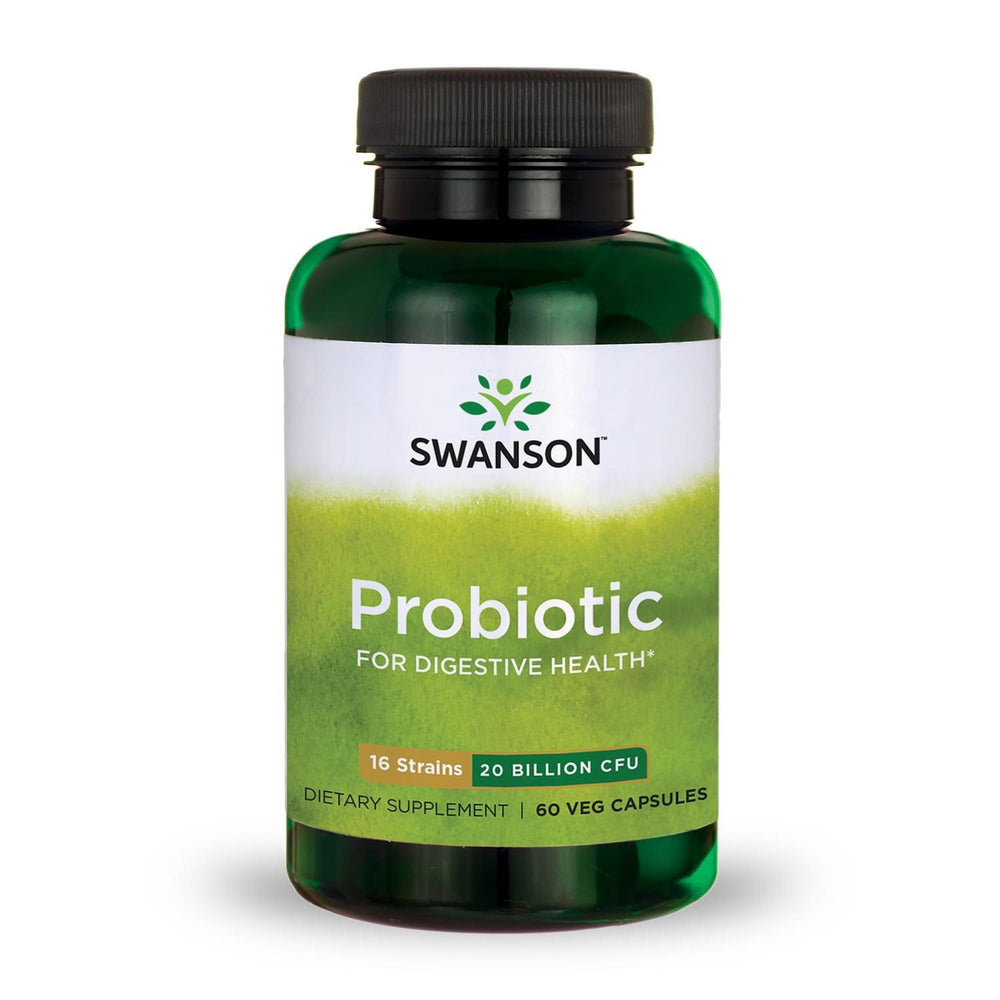 Swanson Probiotic Digestive Health bottle label showing 60 veggie capsules for daily gut balance
