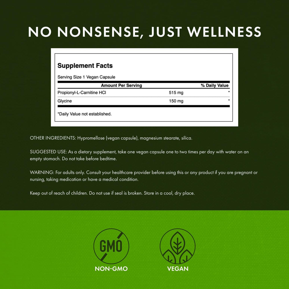 Swanson Propionyl L-Carnitine with Glycine label highlights ingredients and dosage.