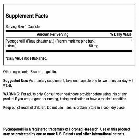Swanson Pycnogenol 50 mg 50 caps 2-pack packaging closeup highlighting quality and science