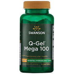 Swanson Q-Gel Mega 100 bottle with pour shows easy dosing for daily energy support.