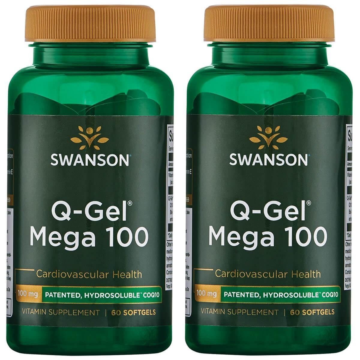 Swanson Q-Gel Mega 100 bottle with high-absorption CoQ10 softgels for energy support.