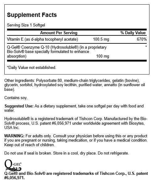 Swanson Q-Gel Mega 100 softgel closeup highlights size and absorption benefits.