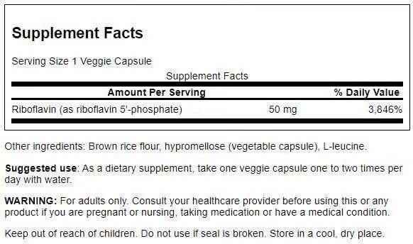 Close-up of Swanson R-5-P capsules highlighting easy-to-swallow riboflavin-5-phosphate