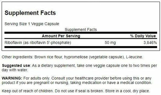 Close-up of Swanson R-5-P capsules highlighting easy-to-swallow riboflavin-5-phosphate