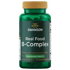 Swanson Real Food Vitamin B-Complex bottle pour with easy-to-swallow vegan capsules for daily energy support.