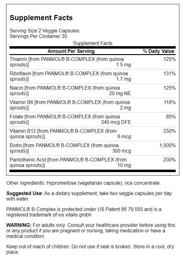 Swanson Real Food Vitamin B-Complex label shows vegan ingredients and clear information for use.