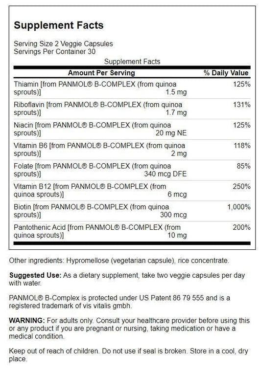 Swanson Real Food Vitamin B-Complex label shows vegan ingredients and clear information for use.