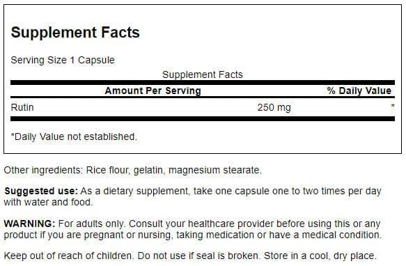 Swanson Rutin bottle label close-up emphasizes natural bioflavonoids supporting vitamin C uptake.