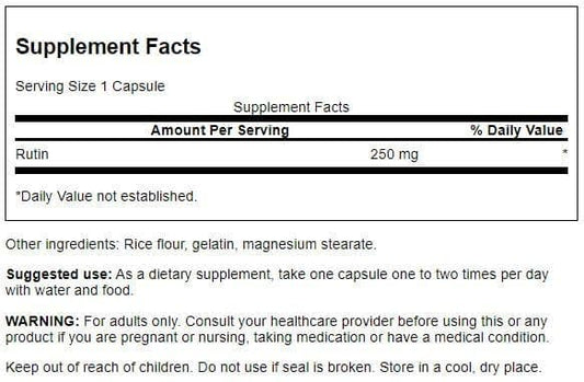 Swanson Rutin bottle label close-up emphasizes natural bioflavonoids supporting vitamin C uptake.