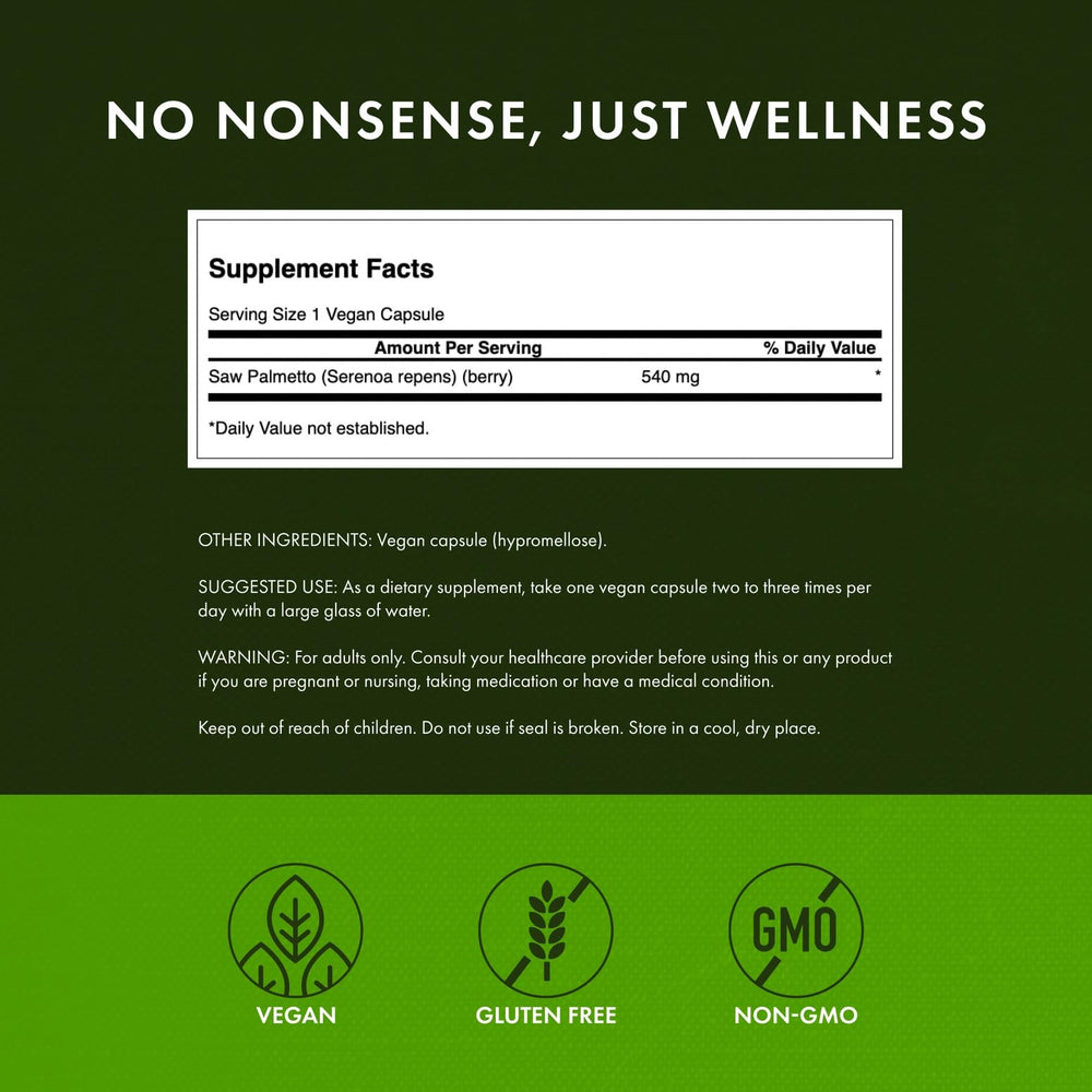 Front label of Swanson Saw Palmetto highlighting a natural herbal formula.