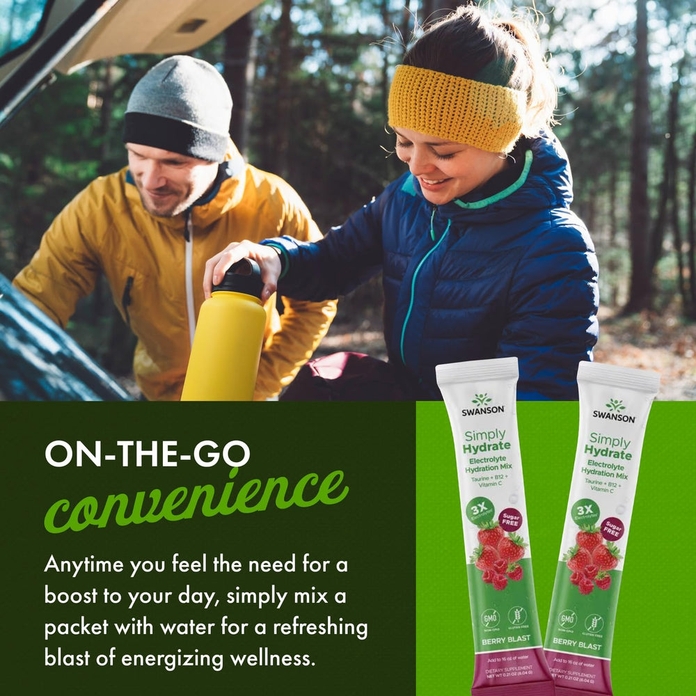 Swanson Simply Hydrate Berry Blast drink in glass, tasty hydration boost.