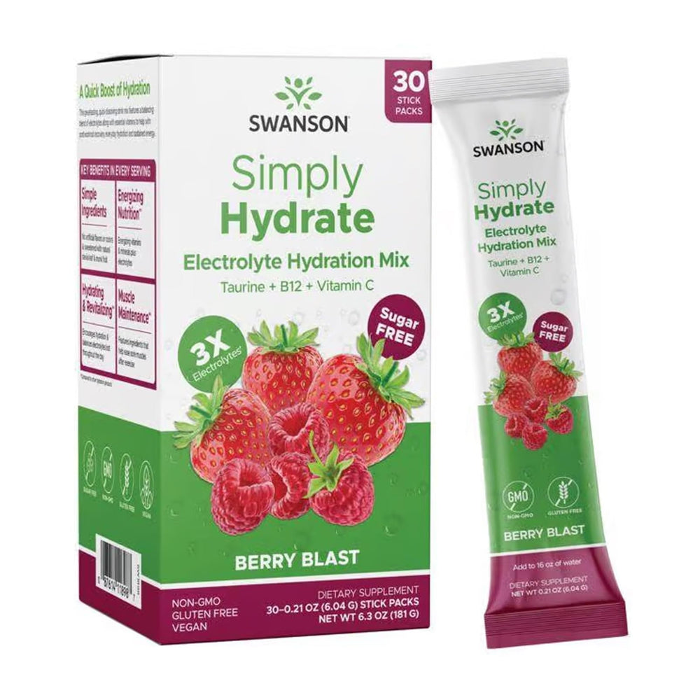 Swanson Simply Hydrate Berry Blast packet ready for quick on-the-go hydration.