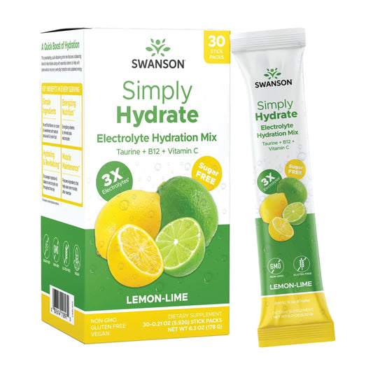 Swanson Simply Hydrate lemon-lime packet for sugar-free hydration on the go.