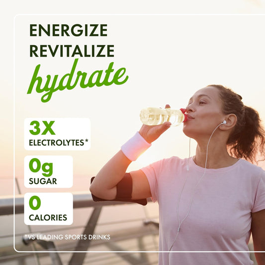 Swanson Simply Hydrate lemon-lime being stirred in a glass for quick electrolyte refreshment.