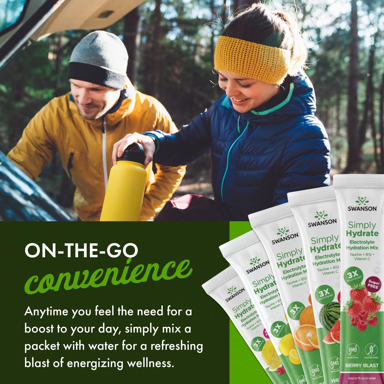 Swanson Simply Hydrate on-the-go use depicts an active lifestyle.