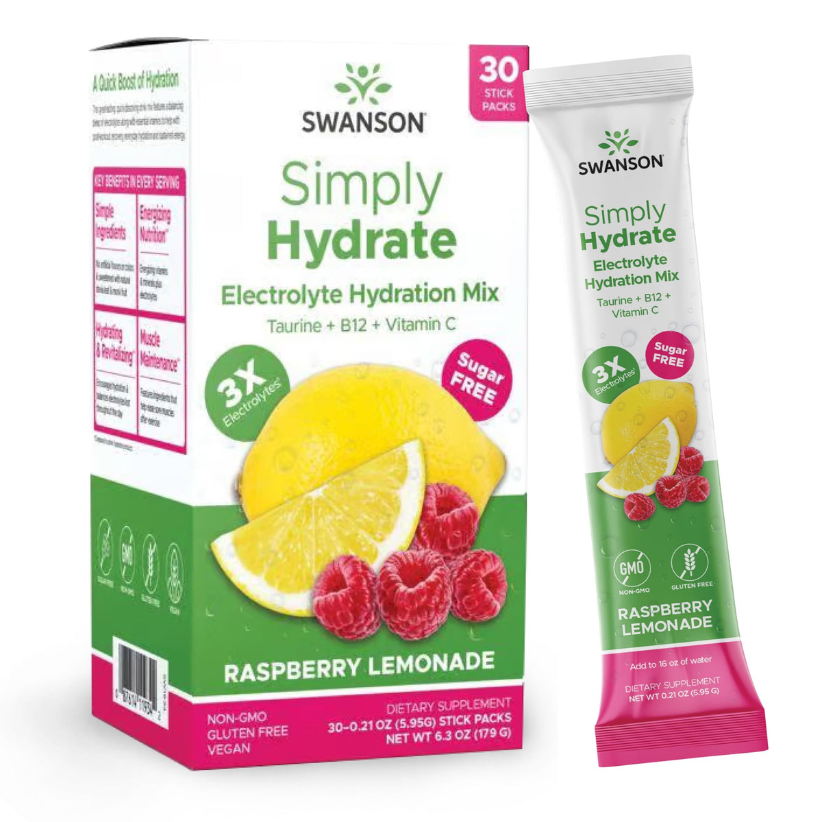 Swanson Simply Hydrate Raspberry Lemonade packets for convenient on-the-go hydration.