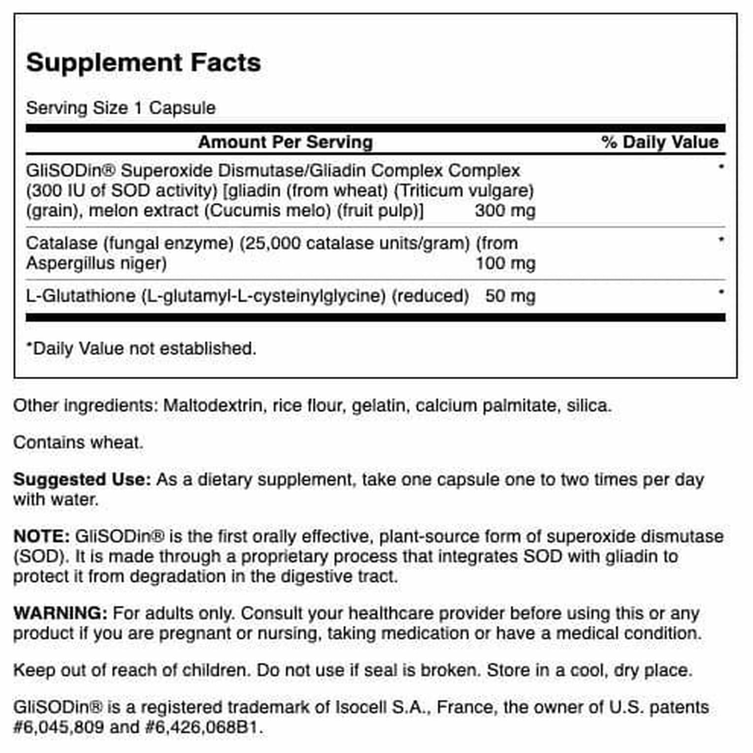Swanson Sod Gliadin Complex bottle label showing 60 capsules and science-backed formulation.