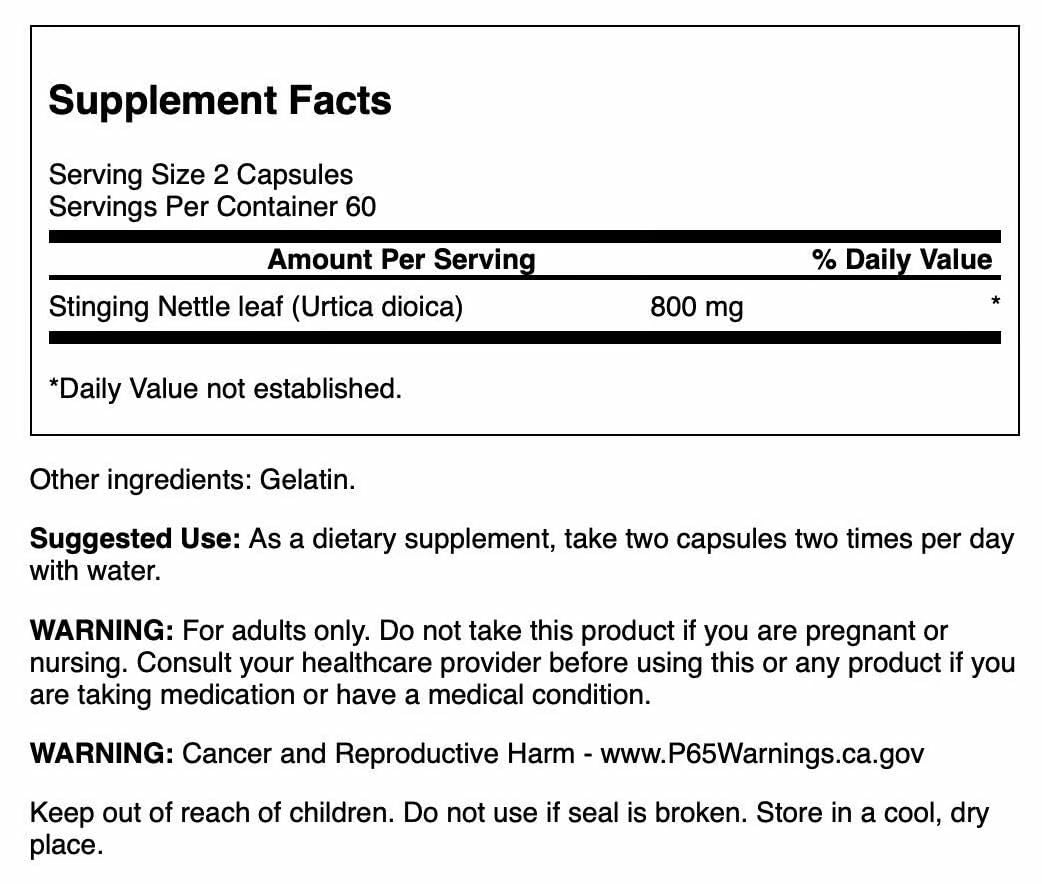 Swanson Stinging Nettle Leaf bottle close-up highlighting 400 mg per capsule for daily support.