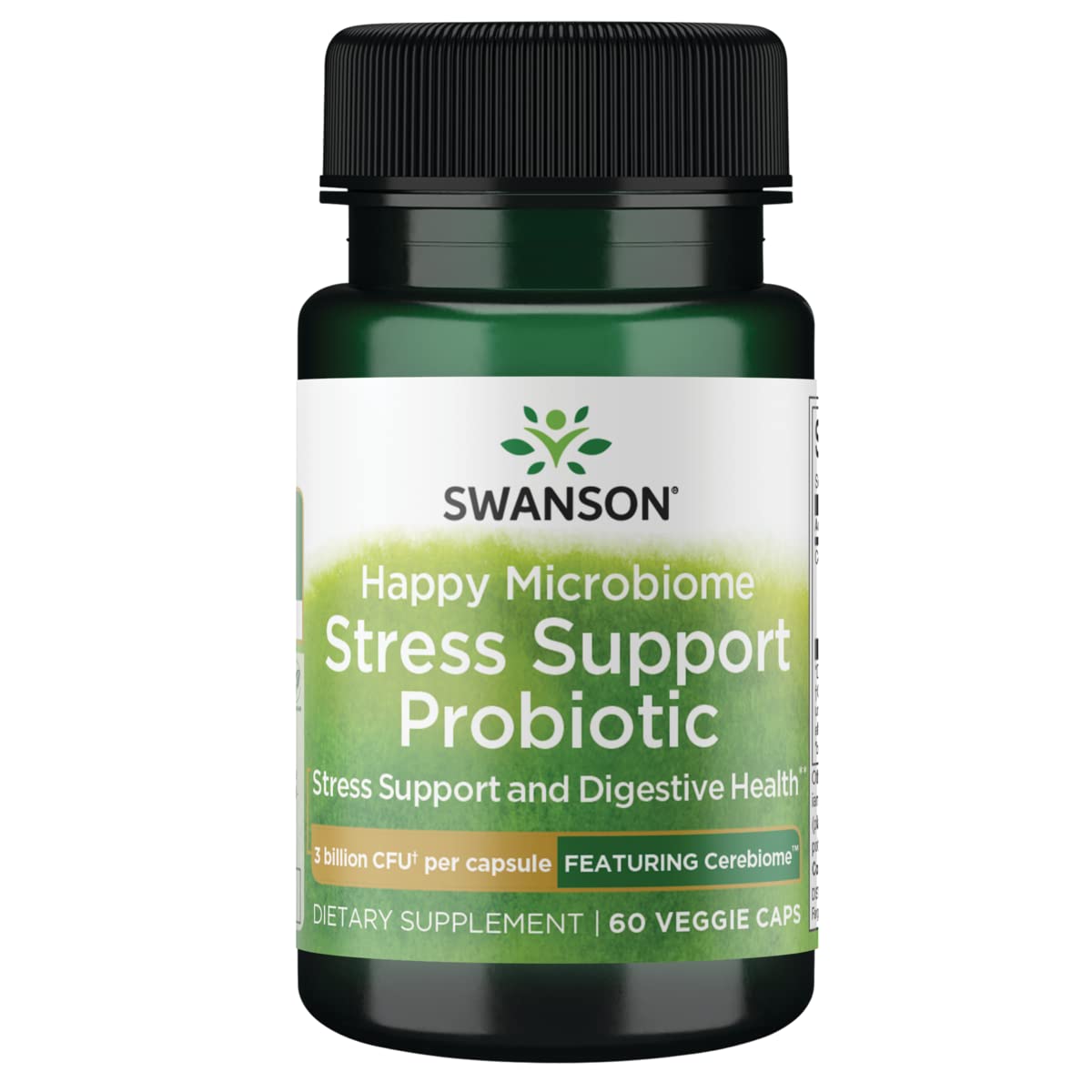 Swanson Stress Support Prob W Cereb bottle front showing probiotic support for digestion