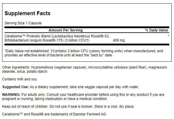 Swanson Stress Support Prob W Cereb label close-up, gluten-free, non-GMO probiotic benefits