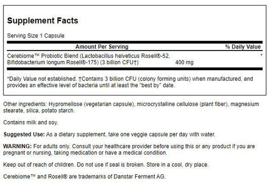 Swanson Stress Support Prob W Cereb label close-up, gluten-free, non-GMO probiotic benefits