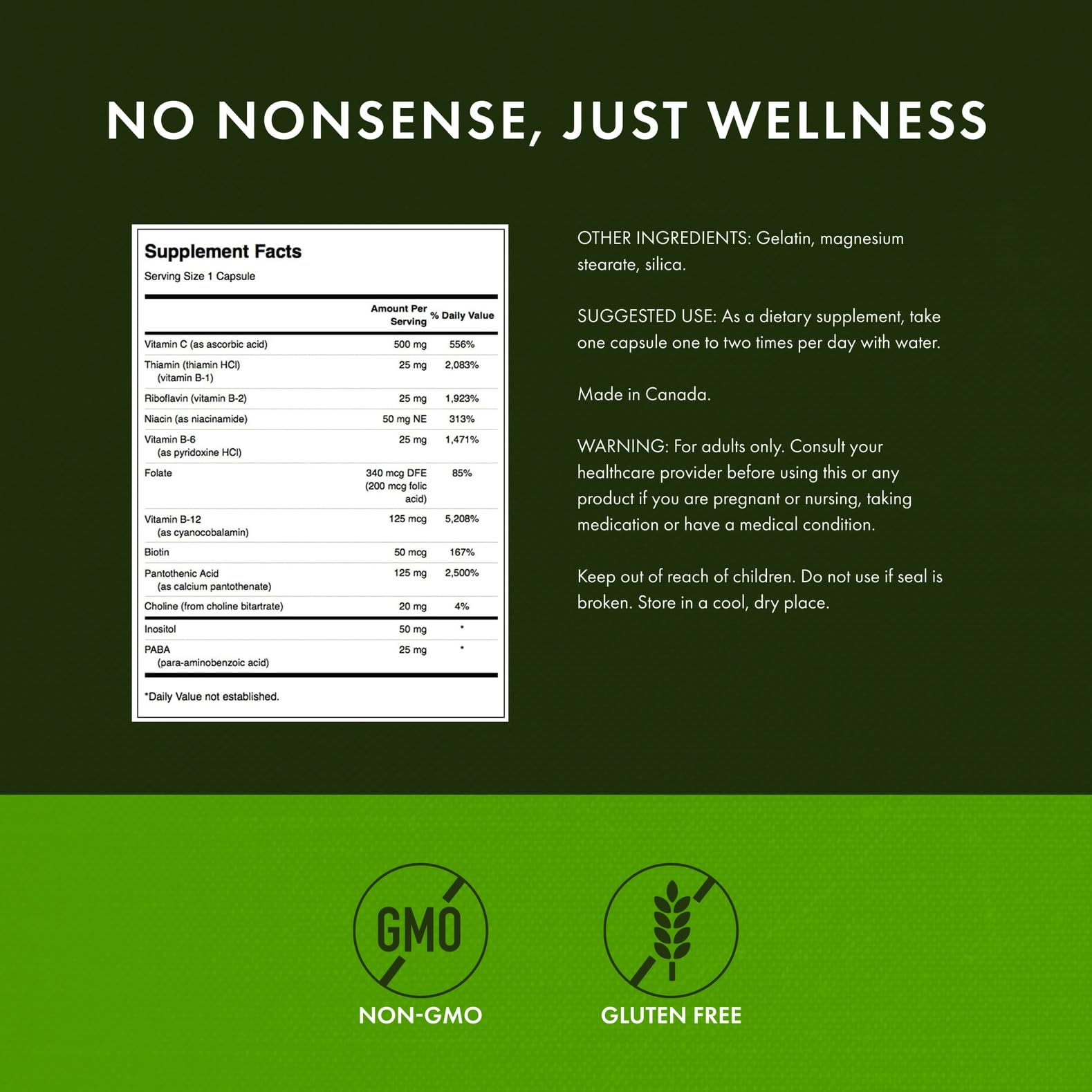 Swanson Super Stress B-Complex bottle label highlights vitamin C and B vitamins