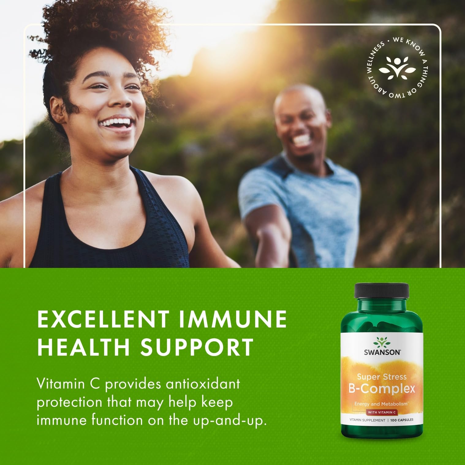 Swanson Super Stress B-Complex capsules with sunlight glow suggesting energy metabolism