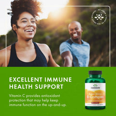 Swanson Super Stress B-Complex capsules with sunlight glow suggesting energy metabolism