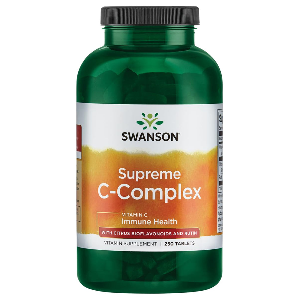 Swanson Supreme Vitamin C Complex bottle showing 250 tabs for daily immune support.