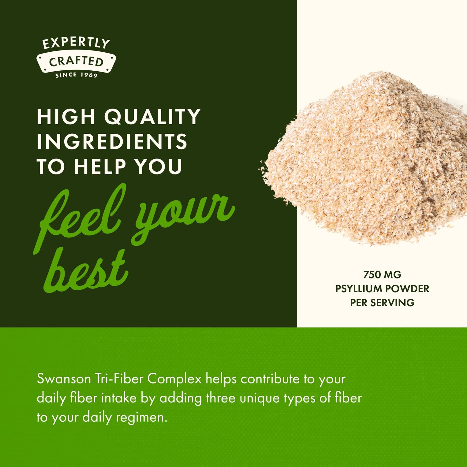Swanson Tri-Fiber Complex capsules close-up, showcasing natural fiber formula.