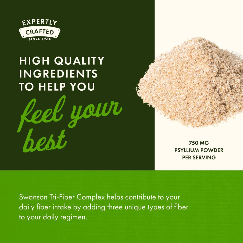 Swanson Tri-Fiber Complex capsules close-up, showcasing natural fiber formula.