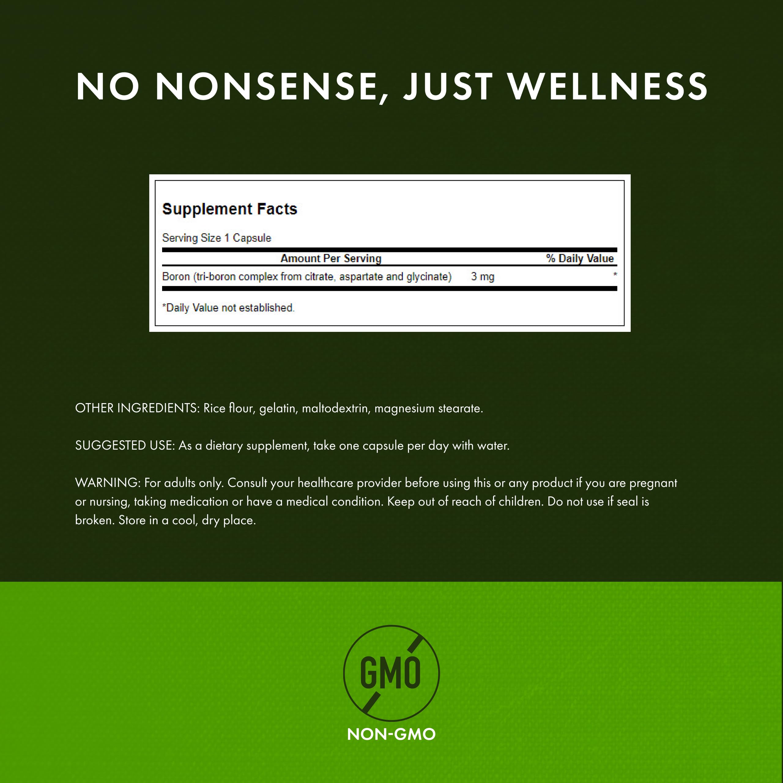 Swanson Triple Boron Complex label closeup highlighting non-GMO formulation.