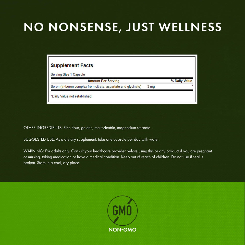 Swanson Triple Boron Complex label closeup highlighting non-GMO formulation.