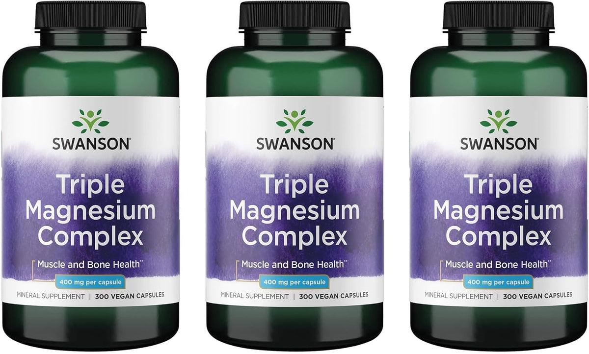 Swanson Triple Magnesium Complex bottle front shown for daily mineral support.
