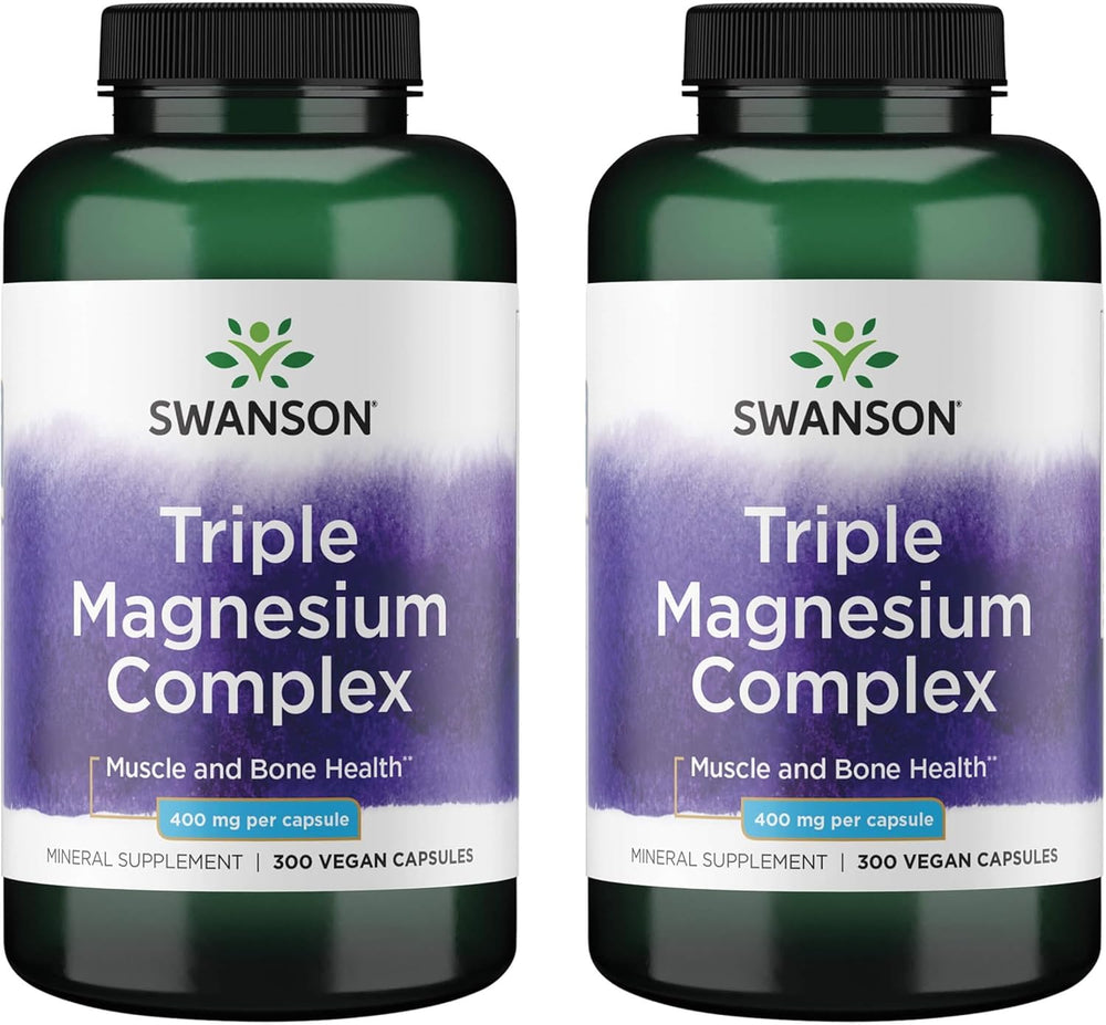Swanson Triple Magnesium Complex bottle front view with vegan capsules visible, inviting daily use.