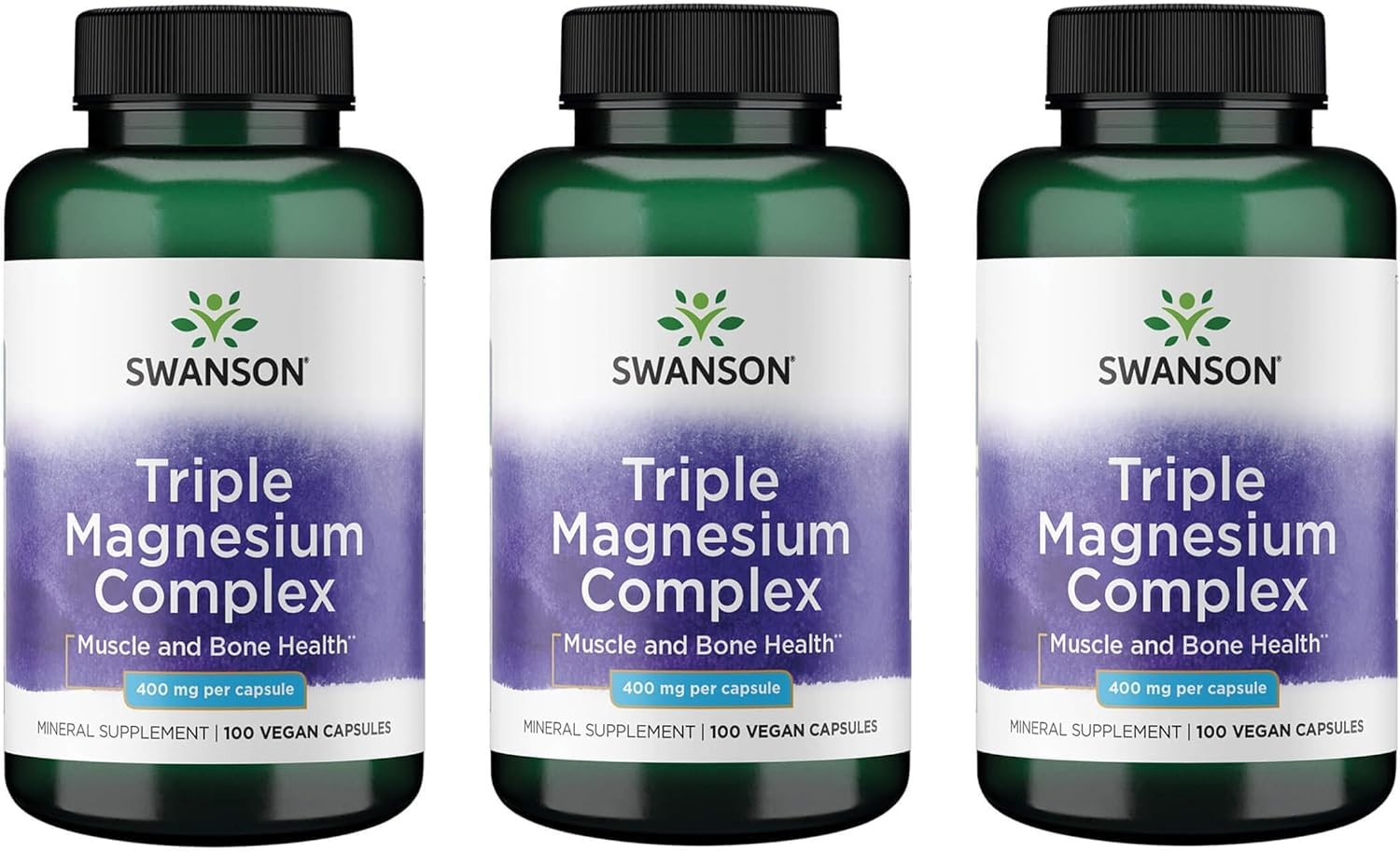 Swanson Triple Magnesium Complex bottle offers daily mineral support for nerves and muscles.