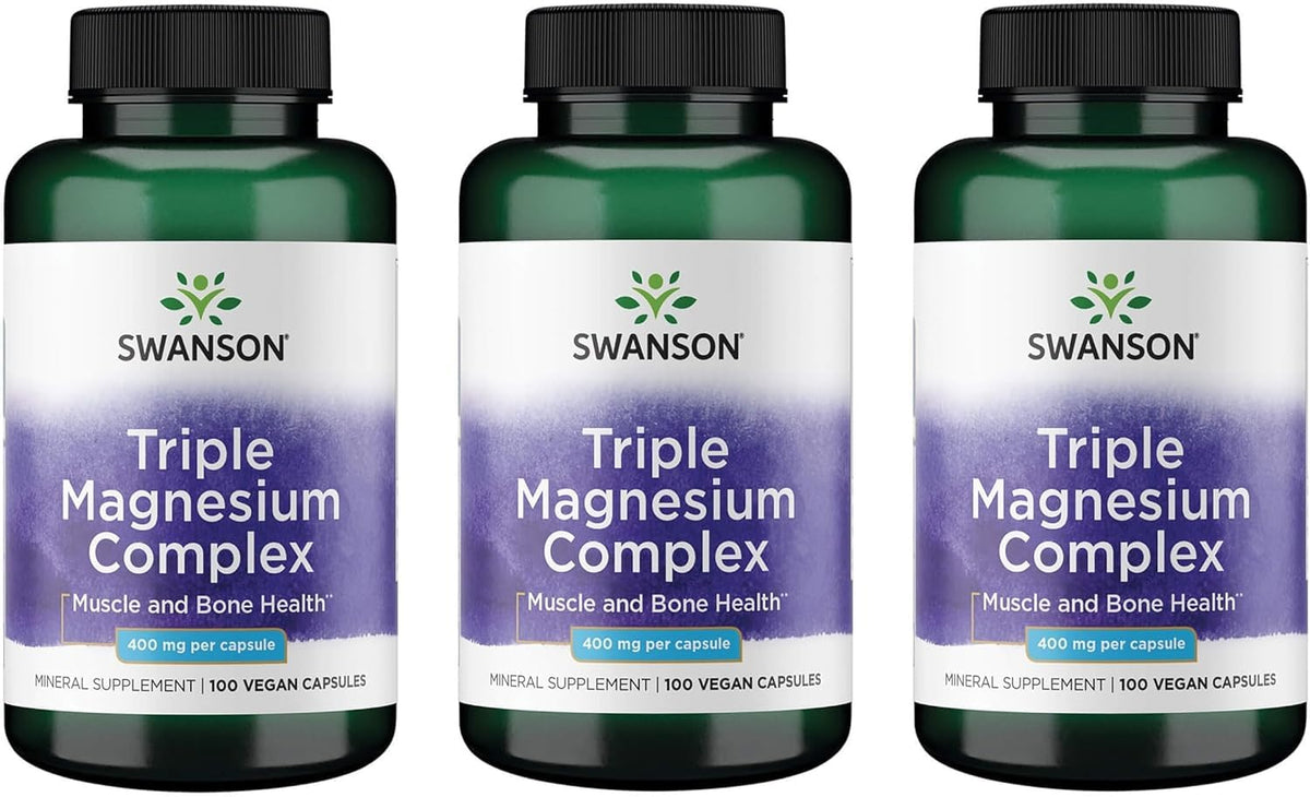 Swanson Triple Magnesium Complex bottle offers daily mineral support for nerves and muscles.