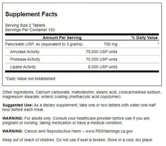 Swanson Pancreatin 4X label close-up highlighting enzyme blend