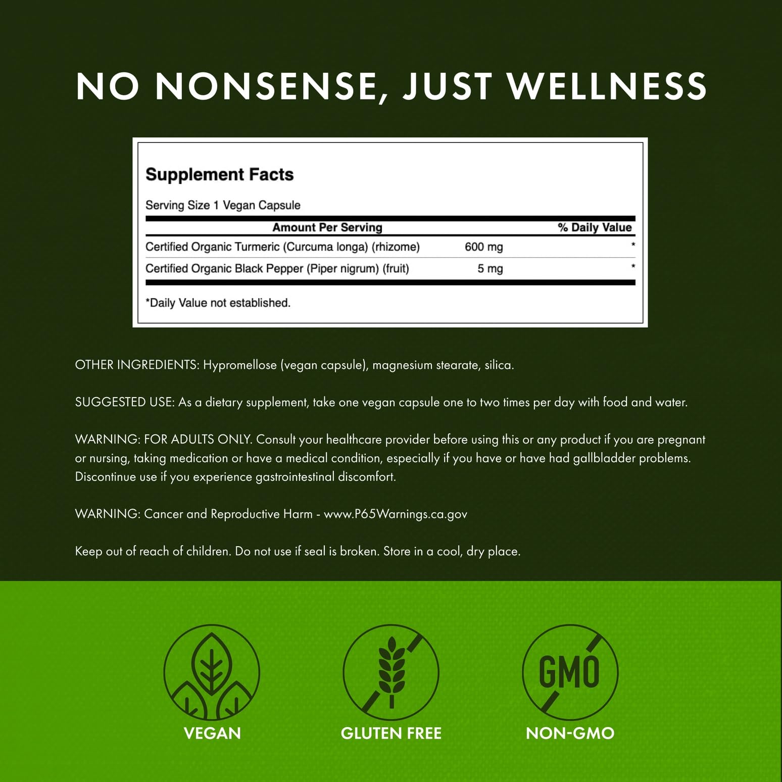 Closeup of the Swanson label highlighting organic, vegan, non-GMO, gluten-free claims.