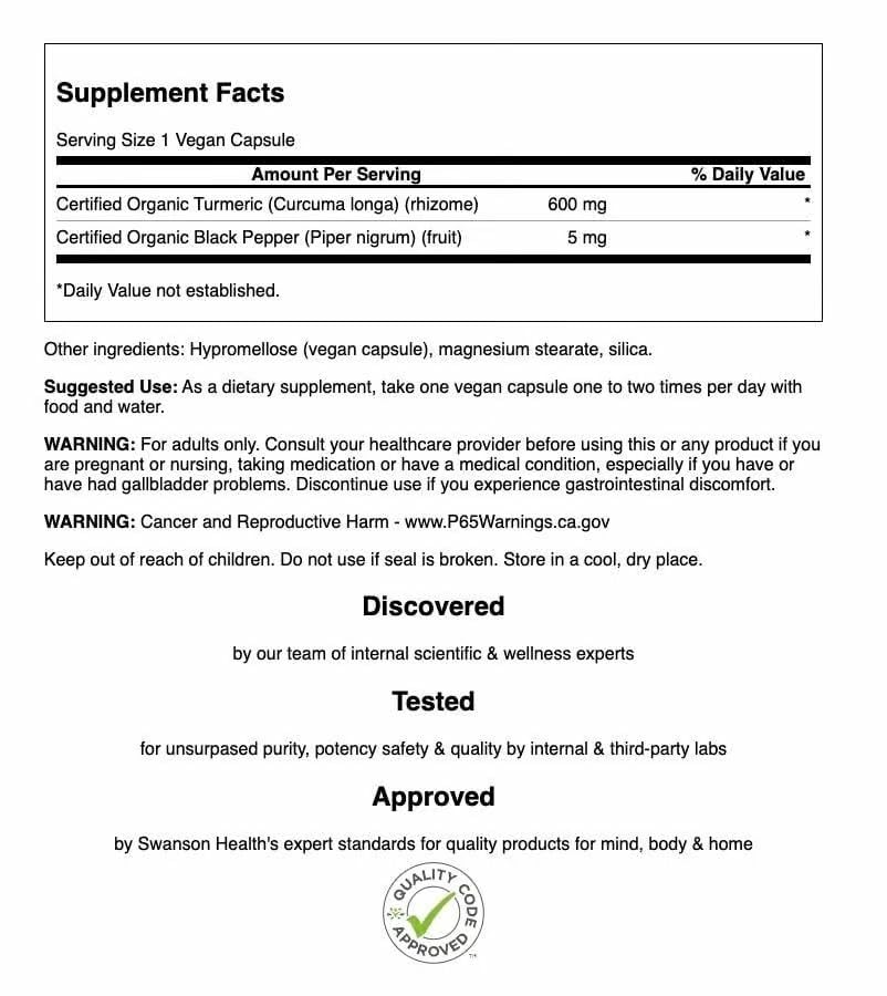 Close-up of Swanson turmeric capsules highlighting the formula