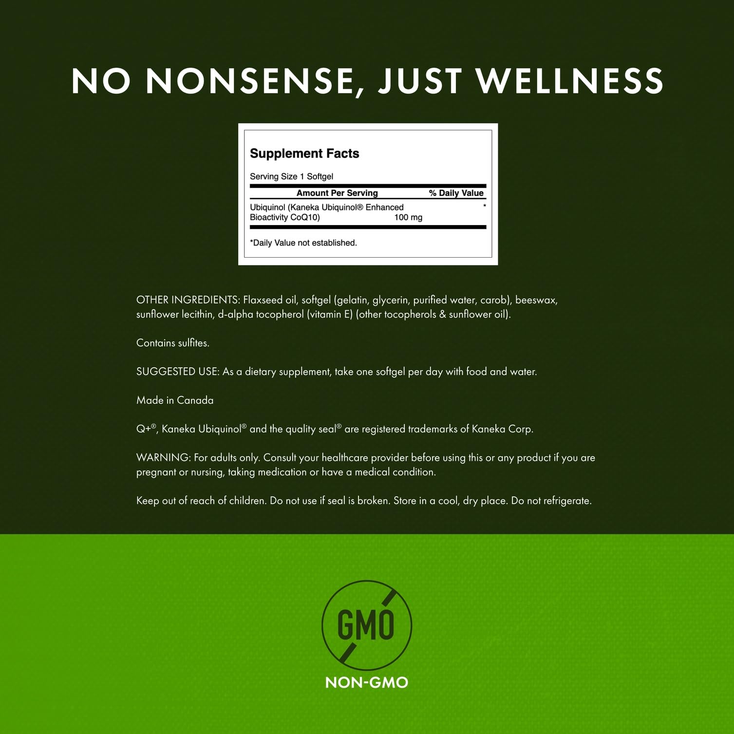 Swanson Ubiquinol 100 mg label artwork emphasizing non-GMO and Kaneka nutrients