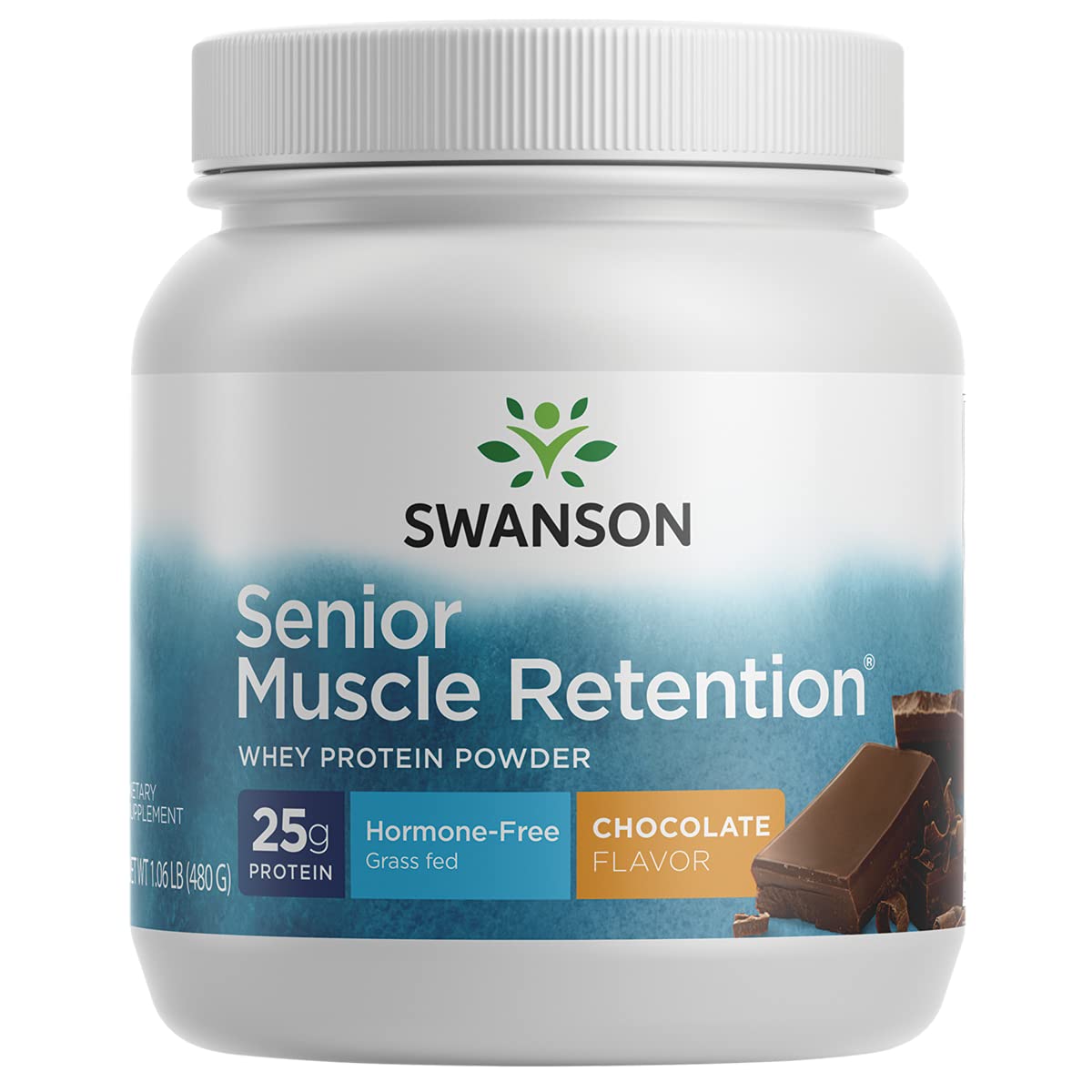 Swanson ULT Senior Muscle RET PD chocolate bottle label showing 25 g protein per serving