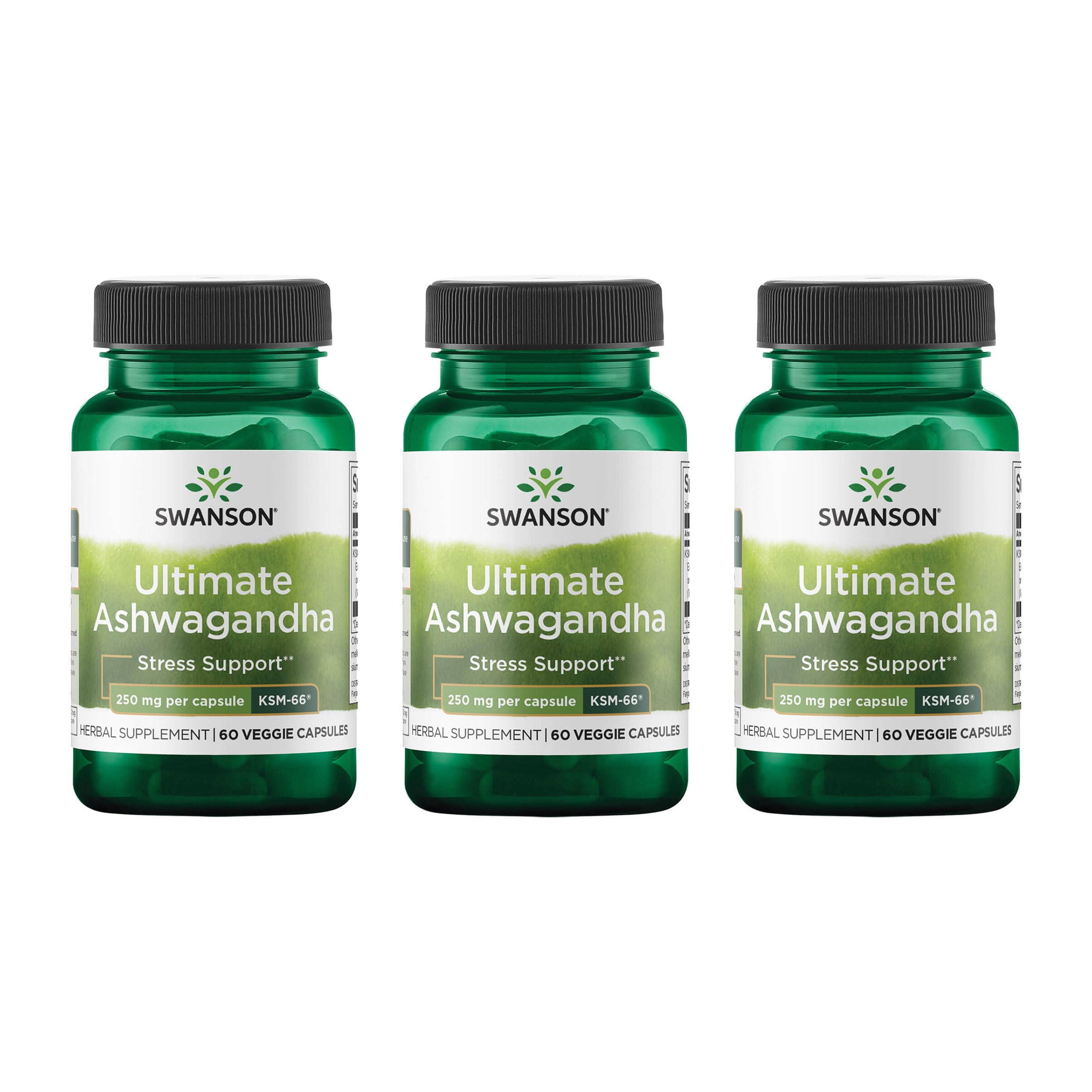 Swanson Ultimate Ashwagandha KSM-66 bottle on a clean surface promoting calm daily balance.