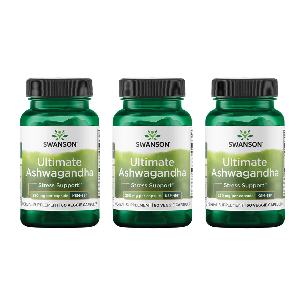 Swanson Ultimate Ashwagandha KSM-66 bottle on a clean surface promoting calm daily balance.