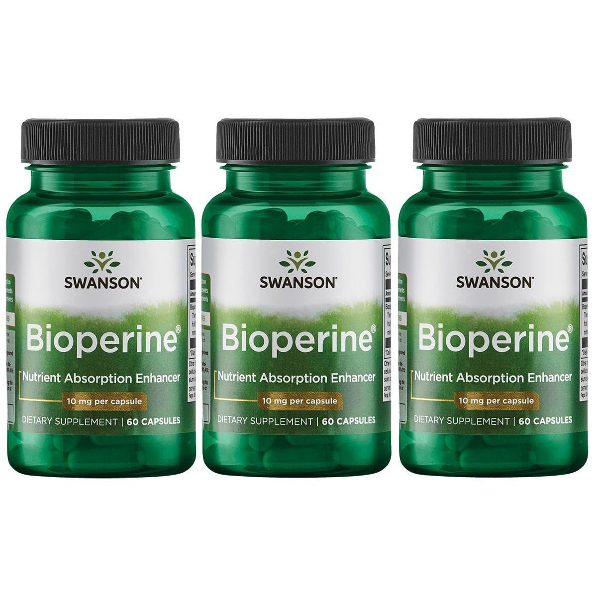 Swanson Ultra Bioperine bottle in a three-pack highlighting enhanced nutrient absorption