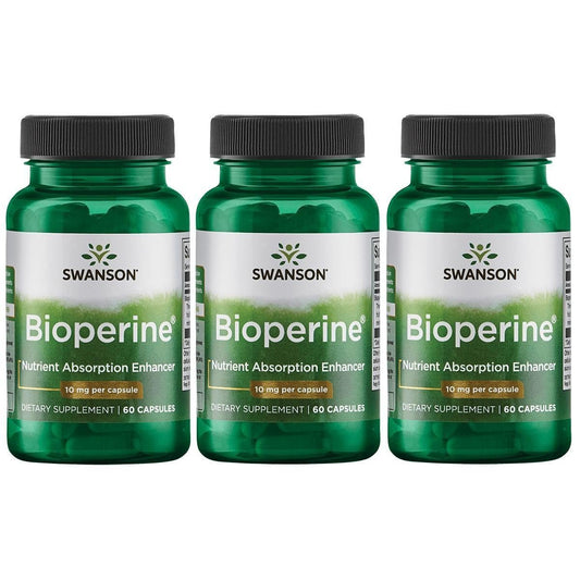Swanson Ultra Bioperine bottle in a three-pack highlighting enhanced nutrient absorption