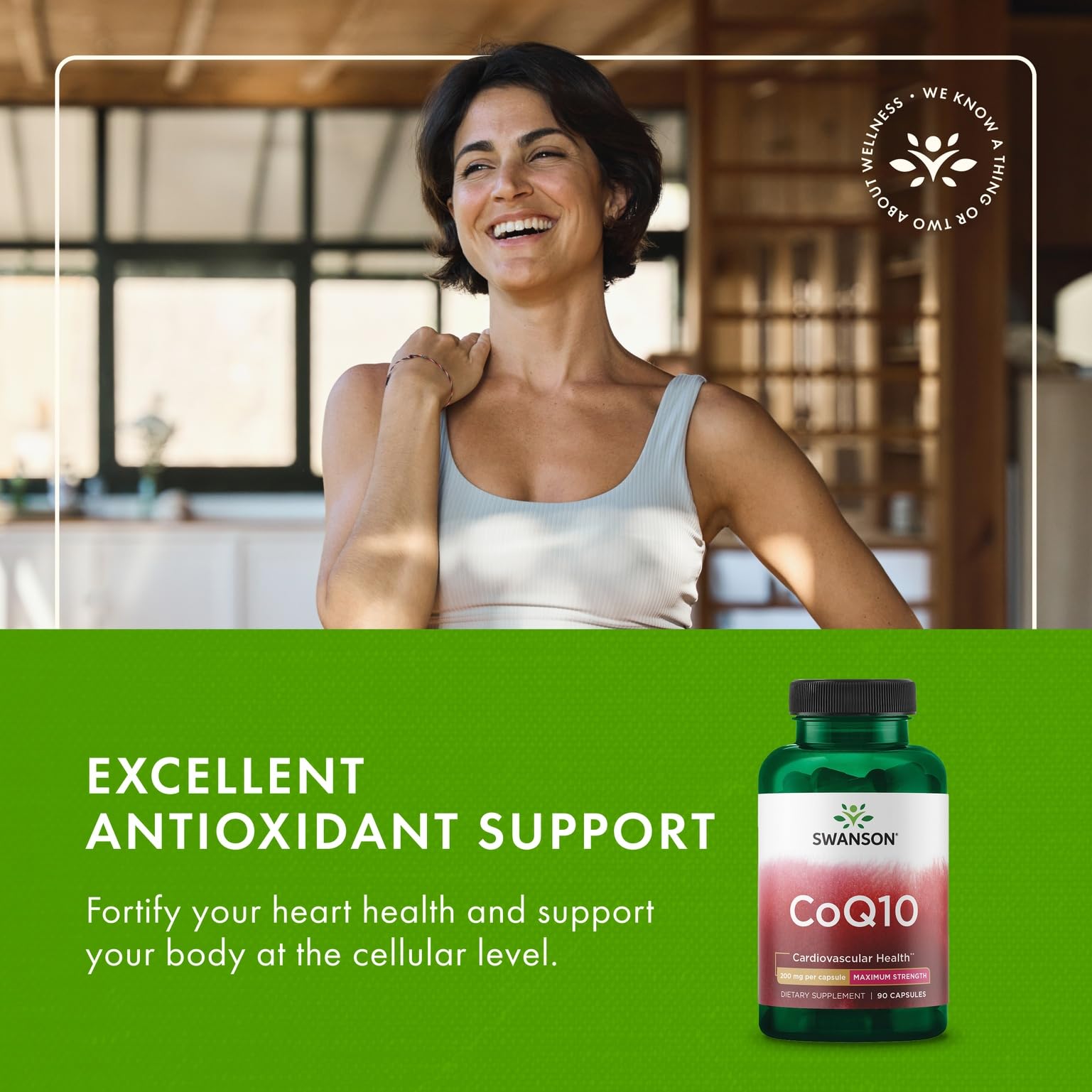 Swanson Ultra CoQ10 capsules near a heart icon signaling cardiovascular support