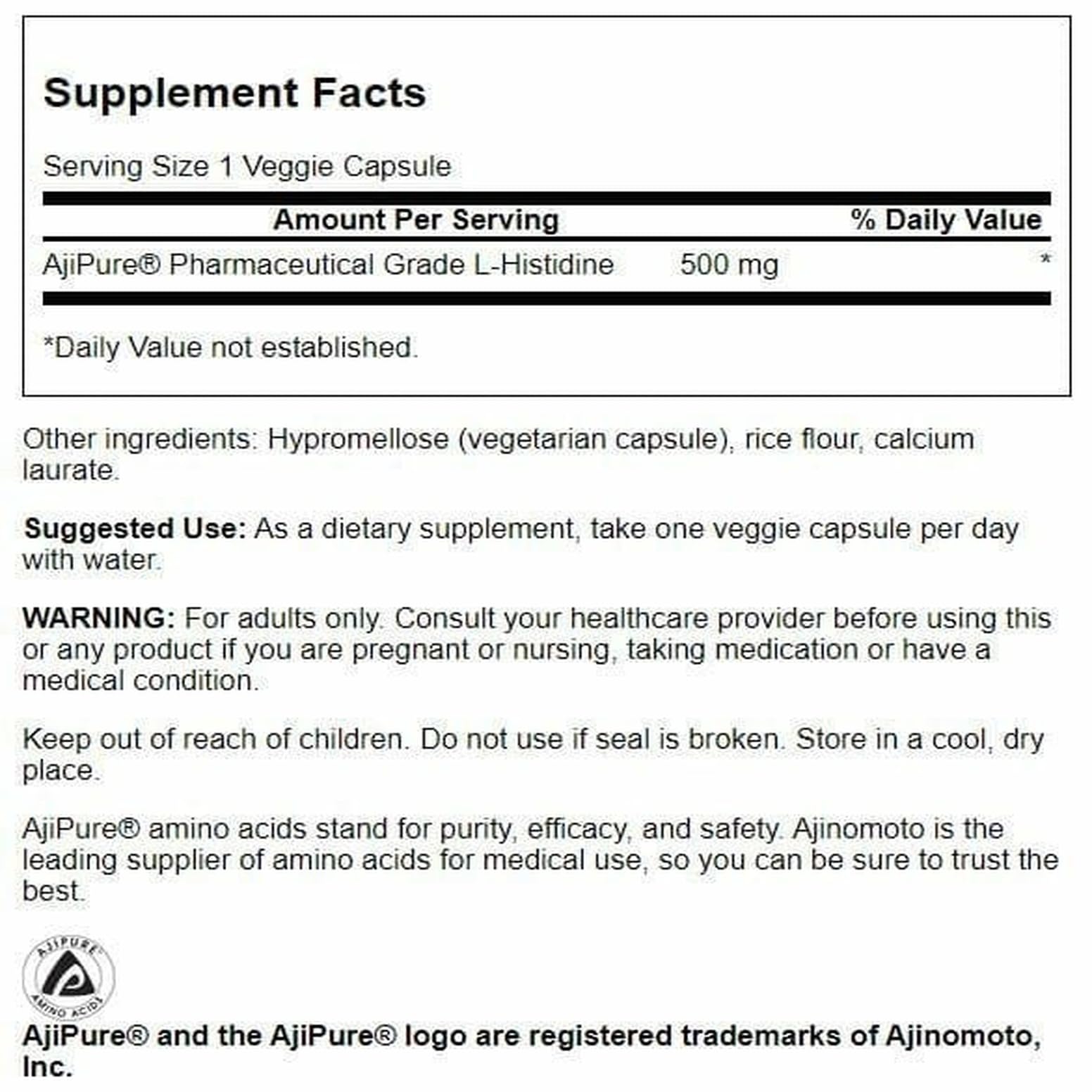 Swanson Ultra L-Histidine vegetarian capsules highlight Ajipure purity.