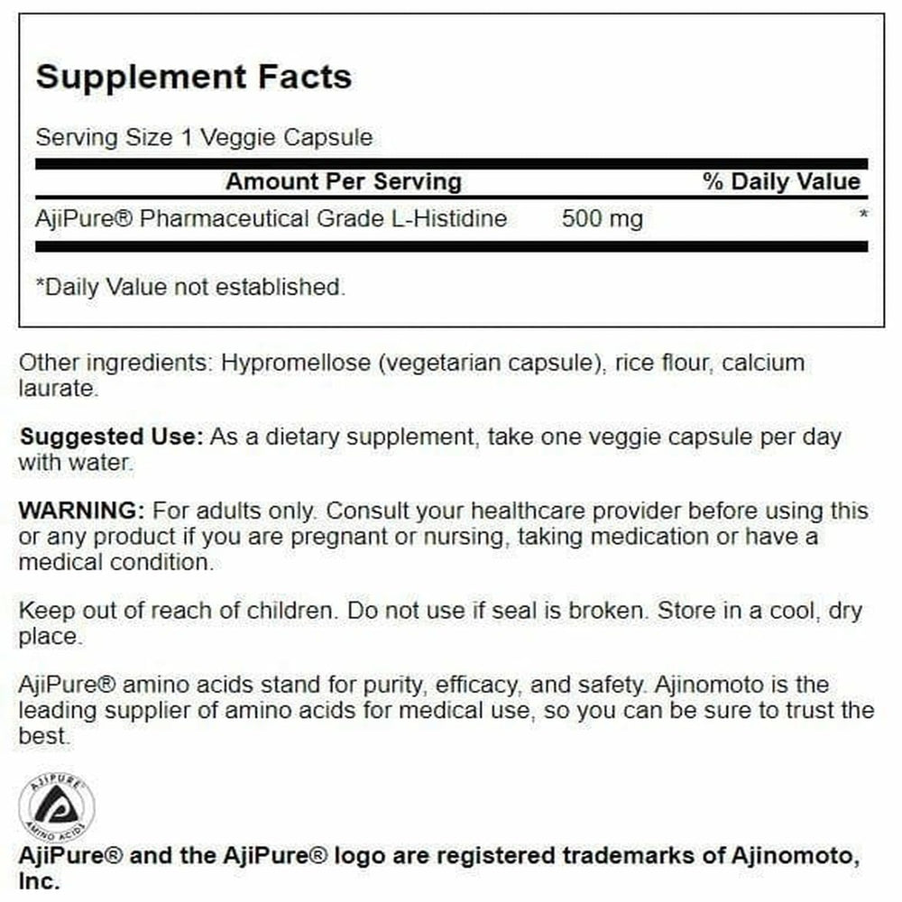 Swanson Ultra L-Histidine vegetarian capsules highlight Ajipure purity.