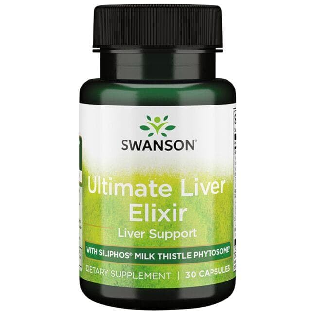 Swanson Ultra Liver Elixir bottle highlighting liver support and premium ingredients.
